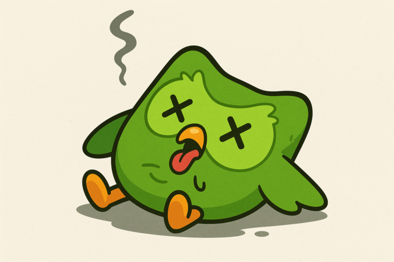 Mascotte di Duolingo in versione cartoon, sconfitta e esausta, riferimento alla campagna Death of Duo