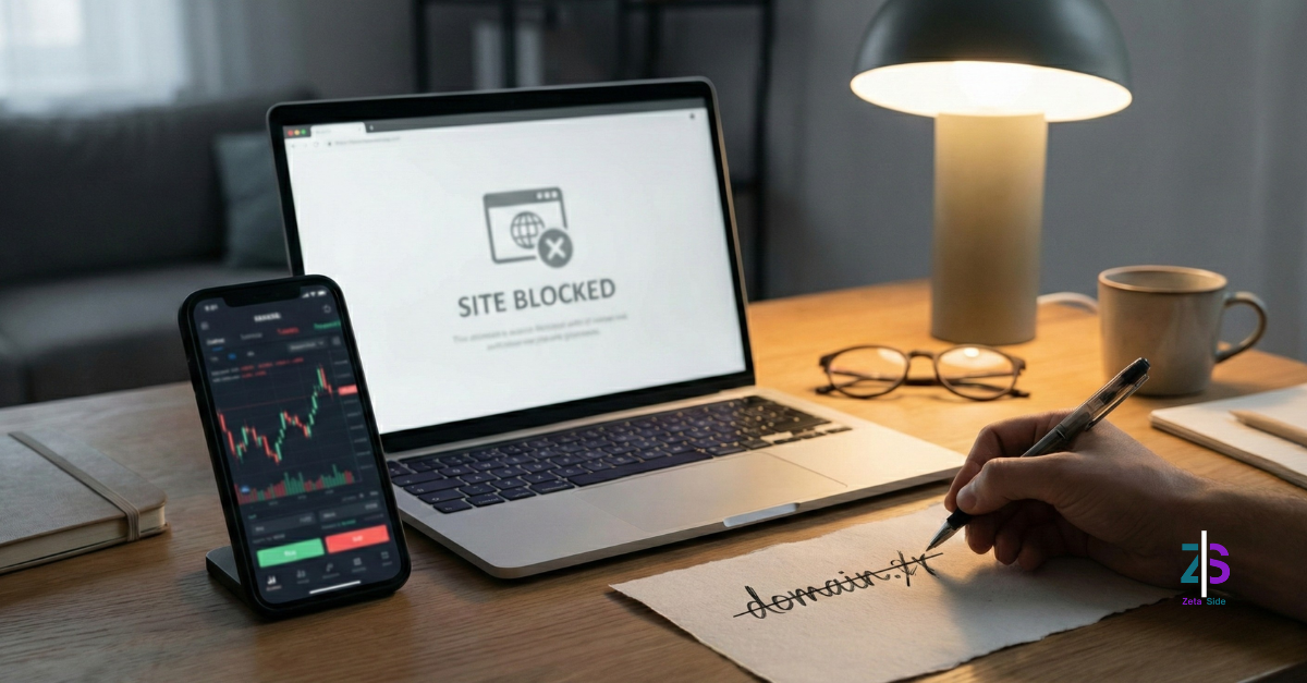 consob - Zoom Out lab Schermata di sito di trading bloccato con smartphone e grafici finanziari sfocati