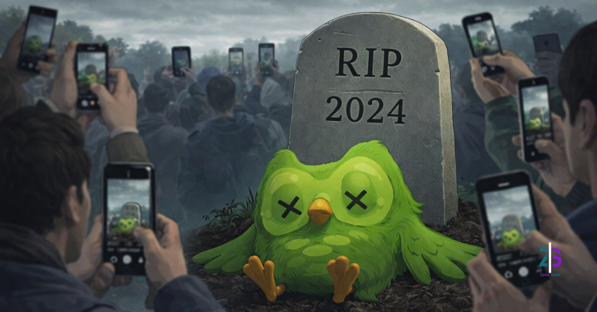 duo rip - Zoom Out lab Illustrazione editoriale sul marketing non convenzionale di Duolingo con la mascotte Duo al centro di una campagna virale
