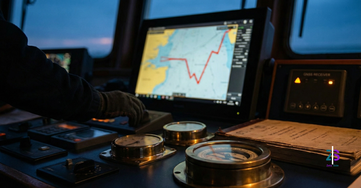 gps spoofing - Zoom Out lab Schermo di navigazione con posizione GPS incoerente e strumenti nautici in primo piano