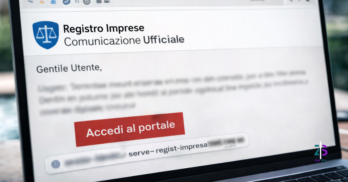 truffe - Zoom Out lab Email di phishing su laptop con icone istituzionali generiche e link sospetto sfocato