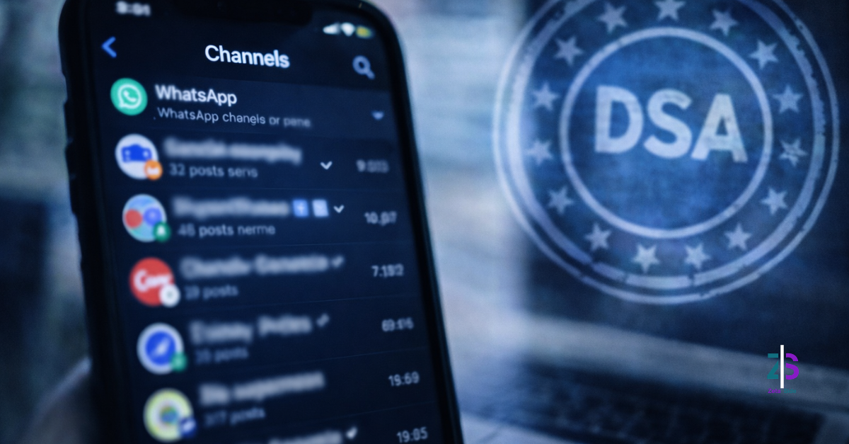 whatsapp vlop - Zoom Out lab Smartphone con schermata dei Canali di WhatsApp e simbolo “DSA” sullo sfondo, a indicare le nuove regole UE per le piattaforme digitali