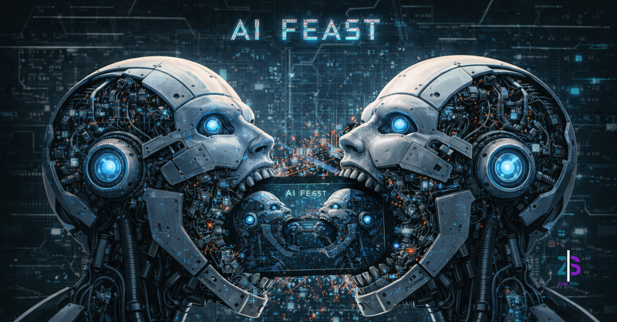 AI mangia se stessa - Zoom Out lab Illustrazione di due teste robotiche che si mordono a vicenda in un ciclo ricorsivo, con schermi e glitch digitali sullo sfondo, a rappresentare il model collapse e l’intelligenza artificiale che si addestra su contenuti generati da altra AI.