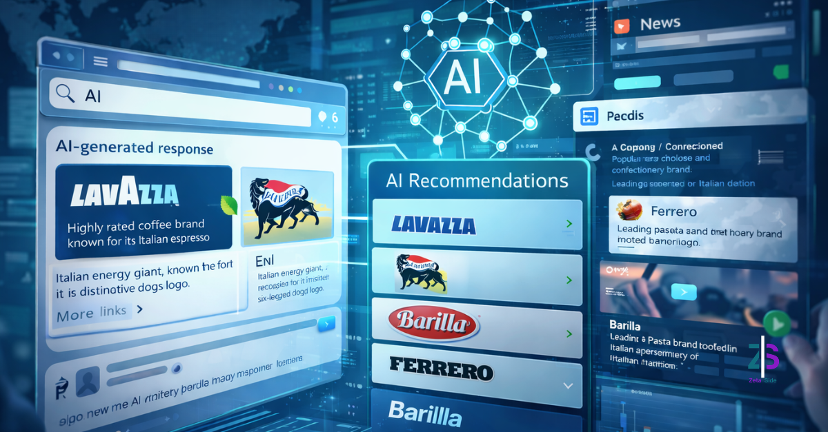 analisi ai e brand italia - Zoom Out lab Interfaccia digitale con pannelli di ricerca, raccomandazioni AI e flussi di contenuti che influenzano la visibilità dei marchi, a rappresentare l’impatto dell’intelligenza artificiale sul posizionamento dei brand in Italia nel 2026.