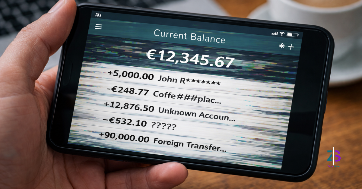 app banca - Zoom Out lab Smartphone con schermata bancaria che mostra dati o transazioni non coerenti, a rappresentare il caso Lloyds e i rischi di un glitch nelle app bancarie