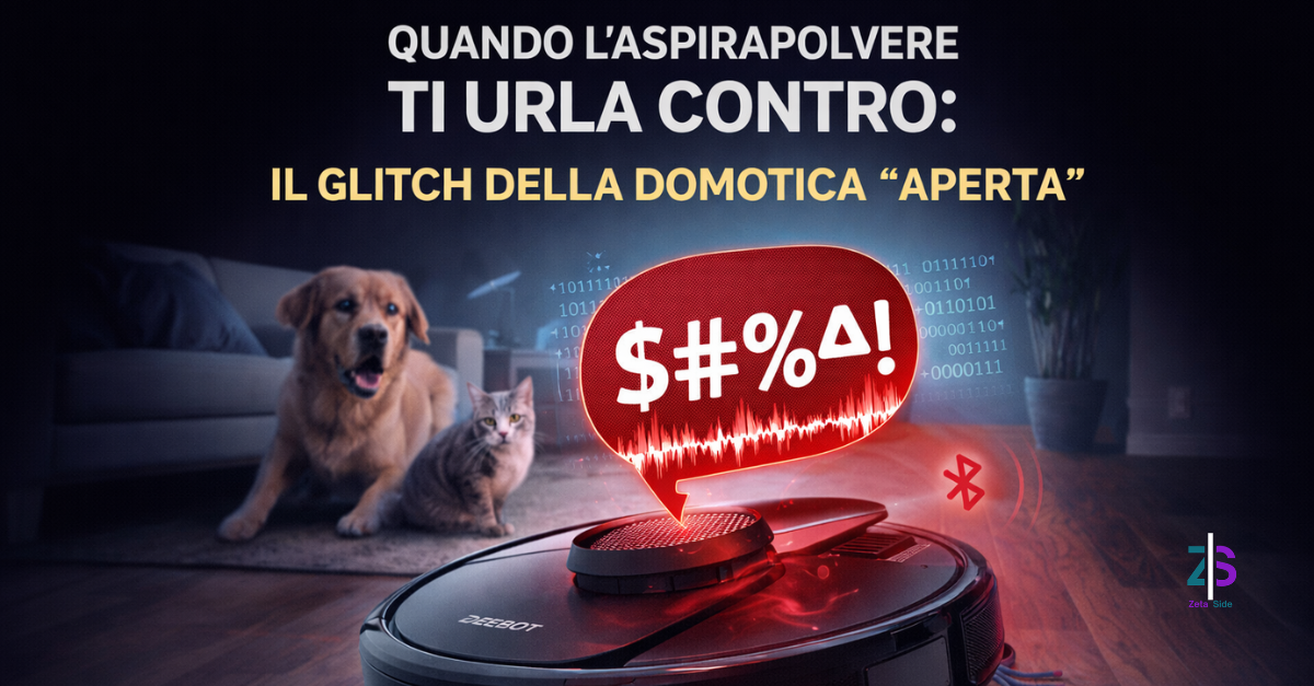Robot aspirapolvere in un salotto domestico che emette un fumetto rosso con segnale audio aggressivo, mentre cane e gatto osservano la scena, a rappresentare il caso Ecovacs e i rischi di sicurezza nella domotica connessa.