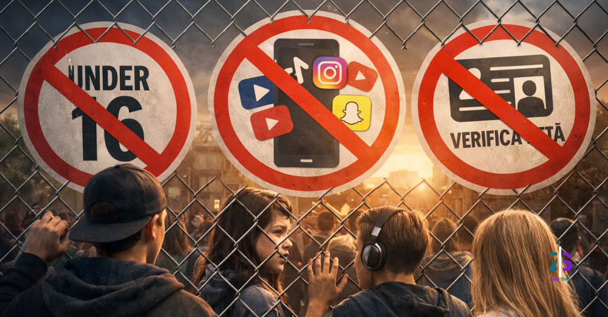 Adolescenti dietro una rete metallica davanti a cartelli di divieto che mostrano smartphone, social network e verifica dell’età, a rappresentare il dibattito sul divieto dei social per i minori.