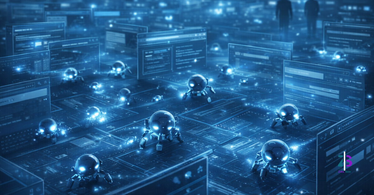 bot e agent ai - Zoom Out lab Illustrazione di un web popolato da bot e crawler automatici che attraversano pagine digitali quasi senza presenza umana, a rappresentare la crescita del traffico bot su Internet