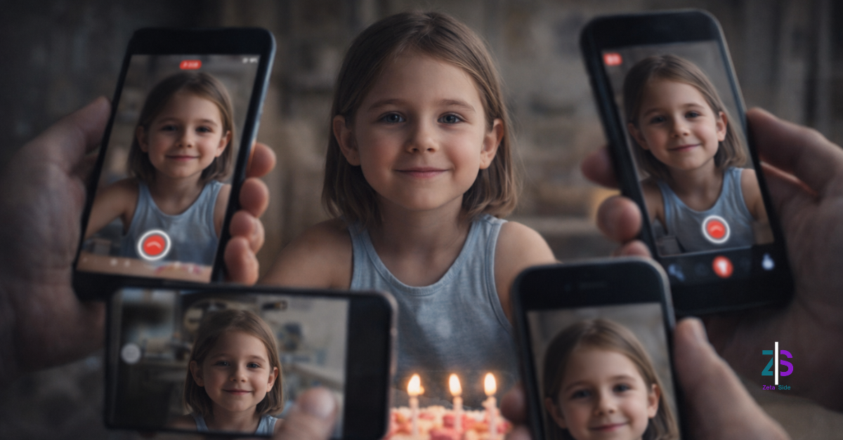 foto compleanno con selfie - Zoom Out lab Bambina seduta davanti a una torta di compleanno mentre più smartphone la riprendono da vicino, a rappresentare lo sharenting e la costruzione dell’identità digitale dei figli sui social.