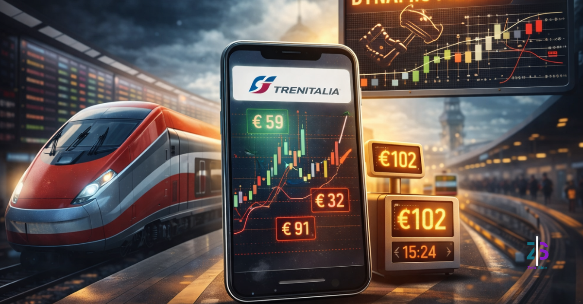 Illustrazione di un treno ad alta velocità in stazione con uno smartphone che mostra prezzi dei biglietti variabili e un pannello “Dynamic Pricing”, a rappresentare il prezzo dinamico sui treni