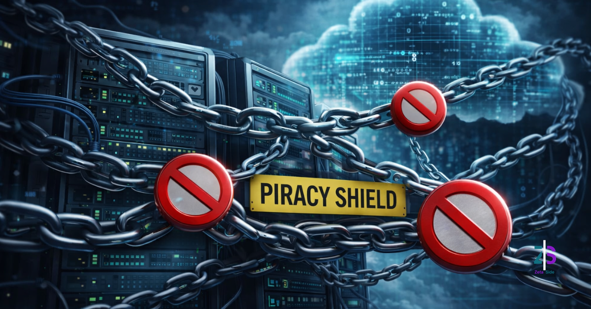 privacy - Zoom Out lab Illustrazione di server rack avvolti da catene con simboli di divieto e un cartello “Piracy Shield”, con una nuvola digitale sullo sfondo, a rappresentare lo scontro tra blocchi e infrastruttura Internet