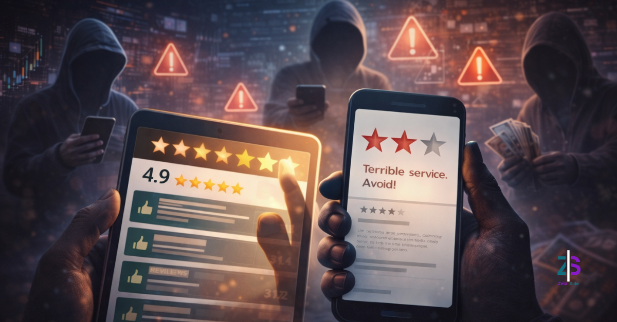 Illustrazione di due dispositivi che mostrano valutazioni online contrastanti (4,9 stelle e recensione negativa), con figure incappucciate sullo sfondo e icone di avviso, a rappresentare la manipolazione delle recensioni e dei rating online