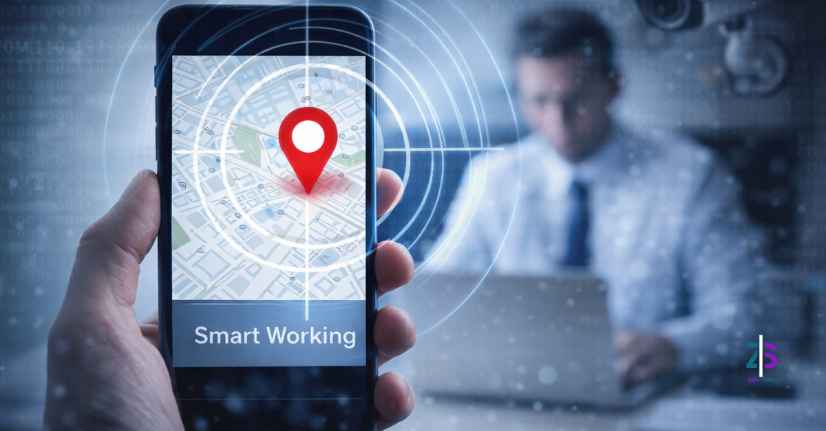 smart working - Zoom Out lab Smartphone con mappa e pin di geolocalizzazione in primo piano, con un lavoratore al laptop sfocato sullo sfondo e un’icona di sorveglianza, a rappresentare la geolocalizzazione nello smart working e il monitoraggio dei dipendenti.