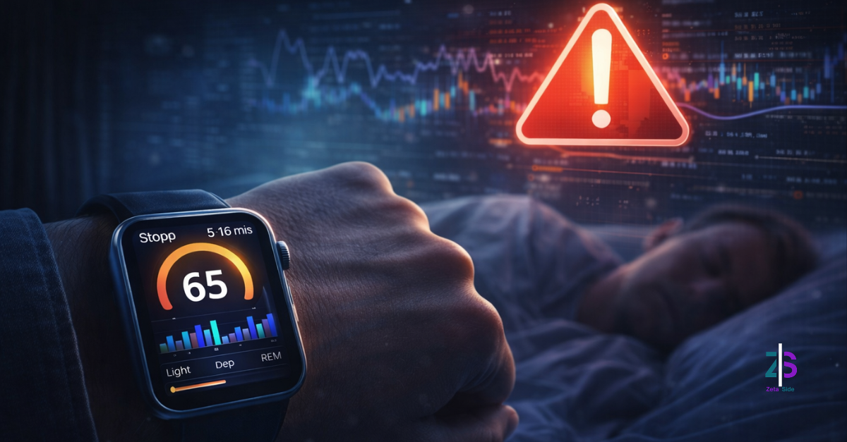 smartwatch - Zoom Out lab Illustrazione di uno smartwatch al polso che mostra punteggio e fasi del sonno (leggero, profondo, REM) mentre una persona dorme sullo sfondo, con grafici e icona di avviso a rappresentare il monitoraggio del sonno e la pressione del punteggio
