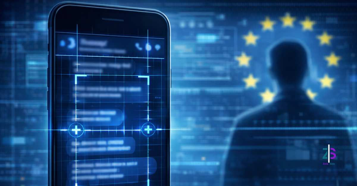 sorveglianza - Zoom Out lab Illustrazione di uno smartphone con una chat privata attraversata da una griglia di scansione, a rappresentare il dibattito europeo sul Chat Control e il monitoraggio delle comunicazioni private.