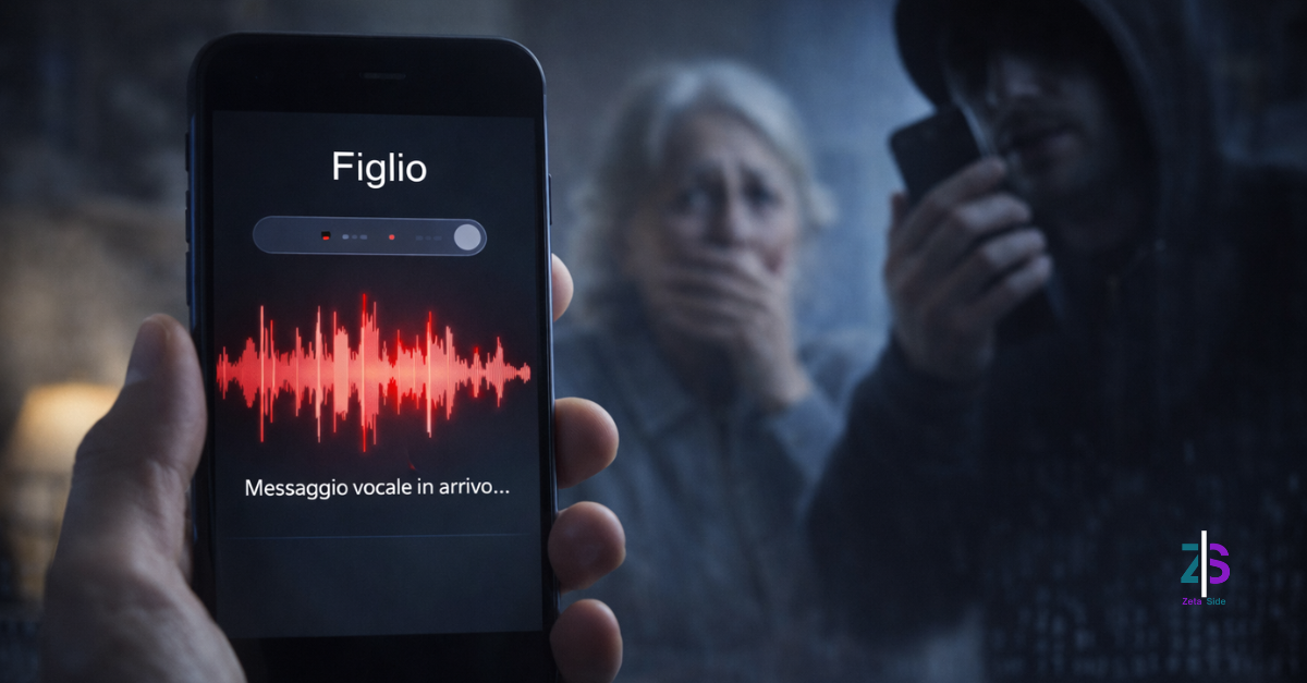 Smartphone con onda audio di un messaggio vocale in arrivo da “Figlio”, con una donna preoccupata sullo sfondo e una figura incappucciata che parla al telefono, a rappresentare le truffe con voce clonata e deepfake vocale.