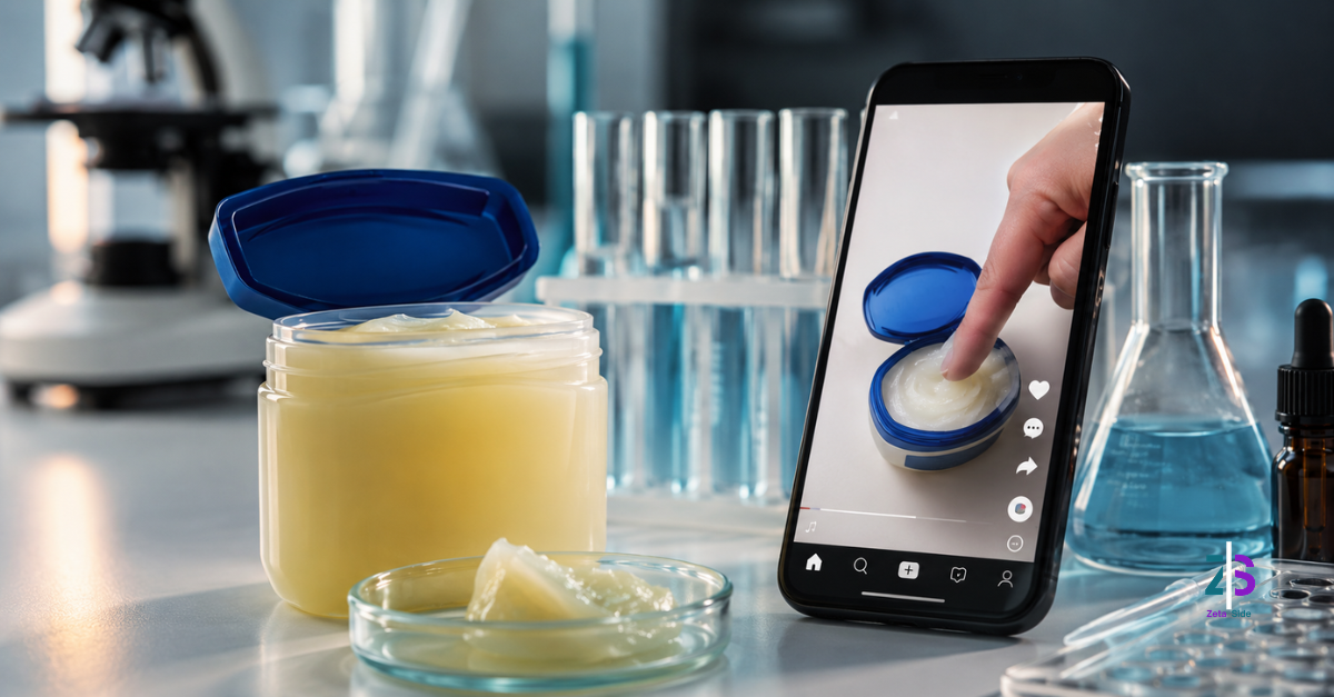 vaseline - Zoom Out lab Un barattolo di vaselina accanto a provette da laboratorio e a uno smartphone con un video social, immagine della campagna che ha portato gli hack di TikTok alla prova della scienza